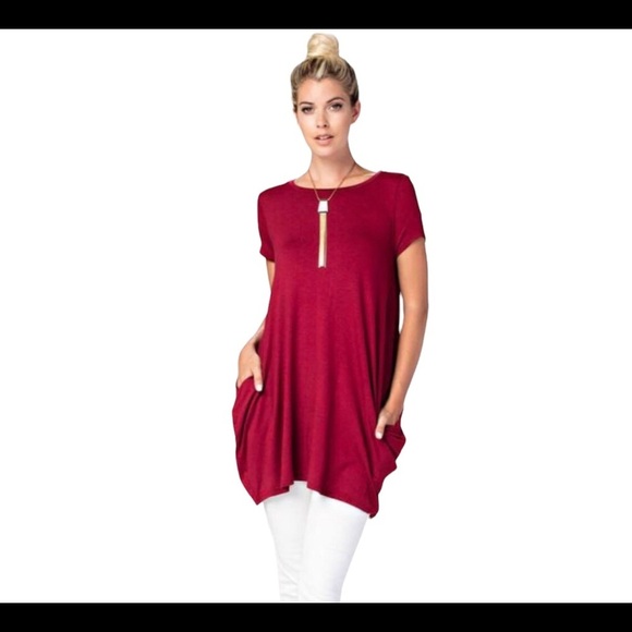 Love In Womans Size L Tunic Top Dress boho Blouson Oversized Red Wine Pocket - Picture 3 of 13